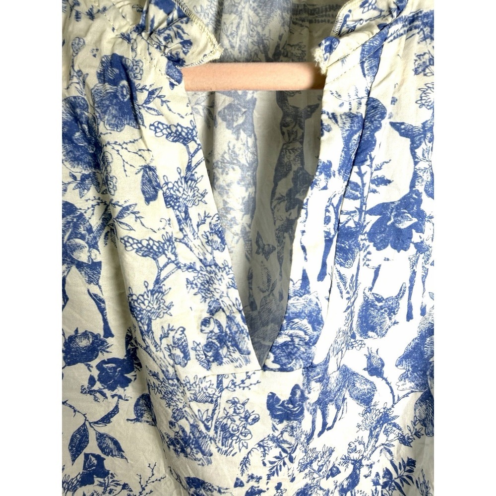 Entro Blue Cream Toile Woodland Wildlife Print Puff Sleeve Top Boho Size Large - Picture 6 of 9